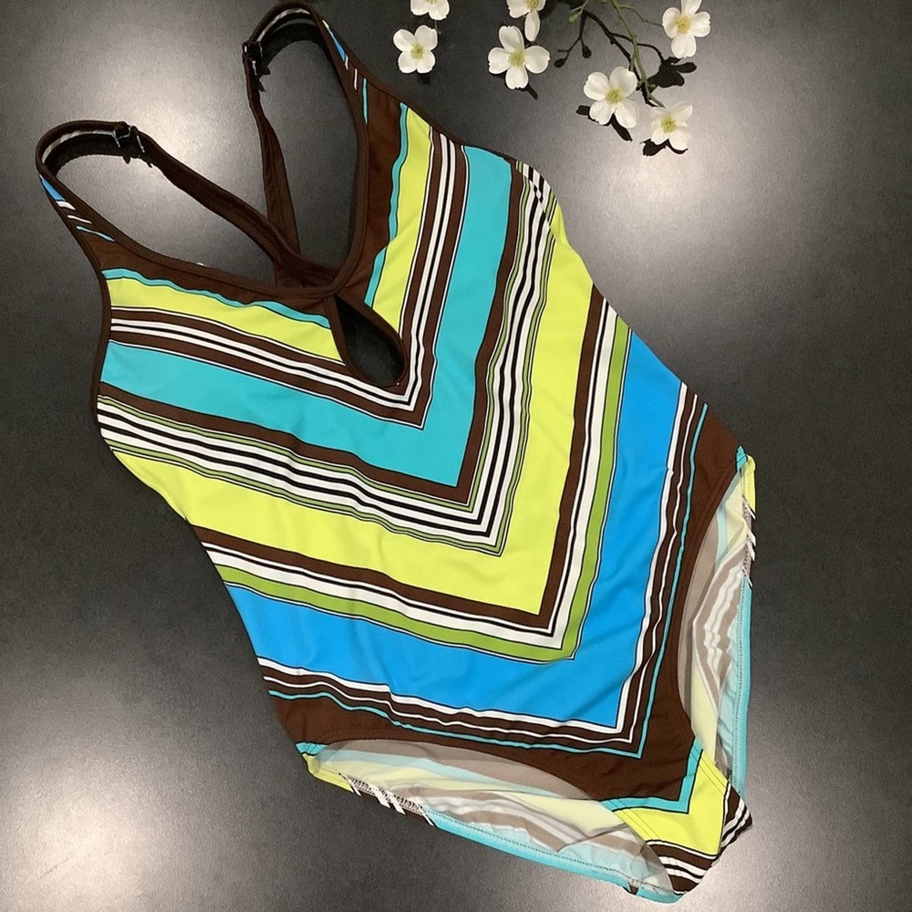 Venus One Piece Swimsuit Mid Mod V Stripe Convertible Straps Keyhole NWOT